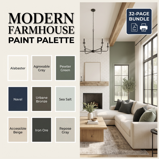A promotional graphic for a 'Modern Farmhouse Paint Palette' showing a 12-color swatch grid on the left and a styled living room interior on the right. The room features a cream sectional sofa, a light wood coffee table, and sage green walls, with a blue badge in the top right corner that reads '32-PAGE BUNDLE'.
