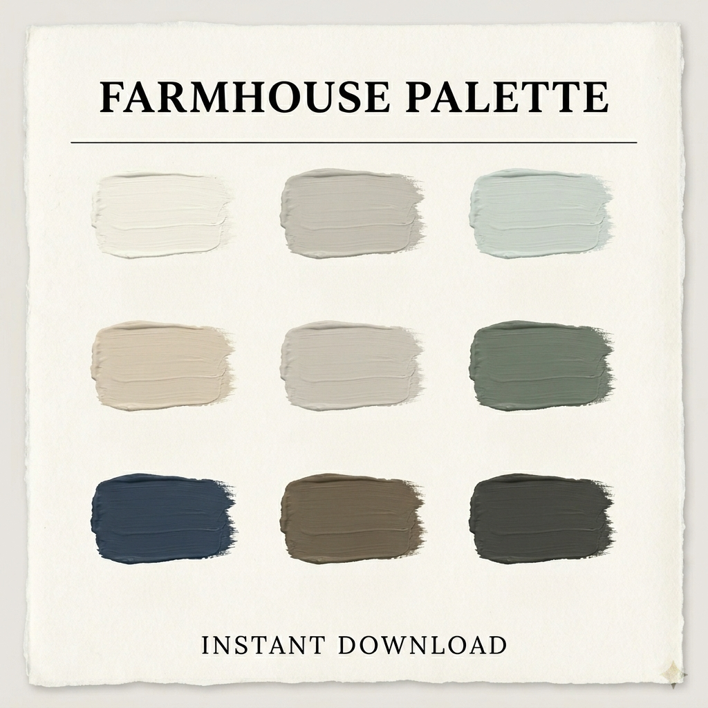 A square design sheet titled 'FARMHOUSE PALETTE' showing nine textured paint swatches in neutral and muted earthy tones, with 'INSTANT DOWNLOAD' text at the bottom.