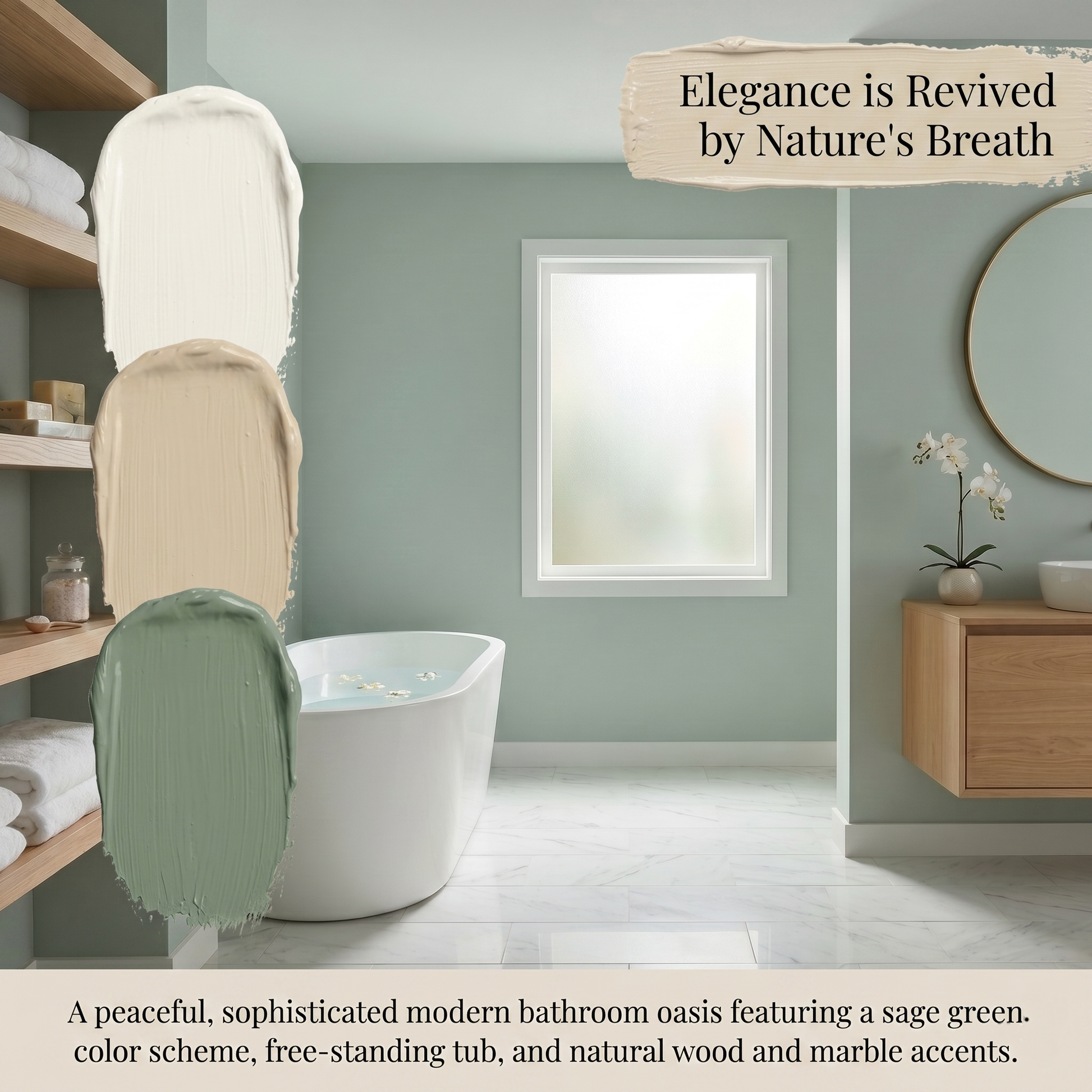 A styled interior bathroom scene with sage green walls, a white freestanding tub, wood shelving, a round mirror, and a small console table. Text overlays describe the color scheme and mood, and three vertical paint swatches are shown on the left side.