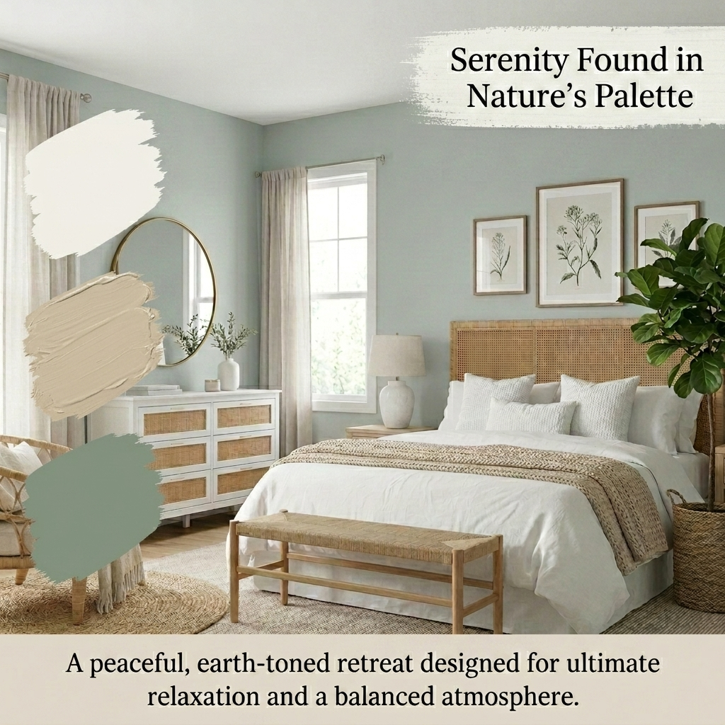 A beautifully styled bedroom interior with a bed dressed in white linens, a woven rattan headboard, a matching bench, and light neutral walls. Large paint swatches overlay the left side, and text at the top reads 'Serenity Found in Nature's Palette' with descriptive copy below.