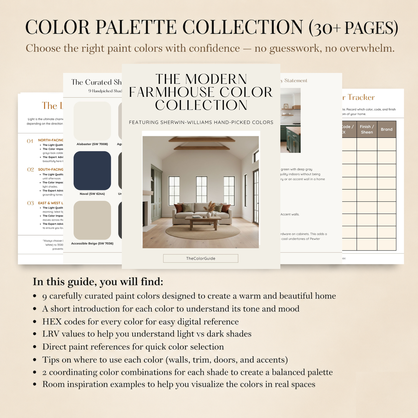 A promotional graphic for a digital color palette collection guide titled 'COLOR PALETTE COLLECTION (30+ PAGES)'. The graphic shows sample pages from a guide called 'The Curated Shp' and 'The Modern Farmhouse Color Collection' with interior room photos and color swatches.