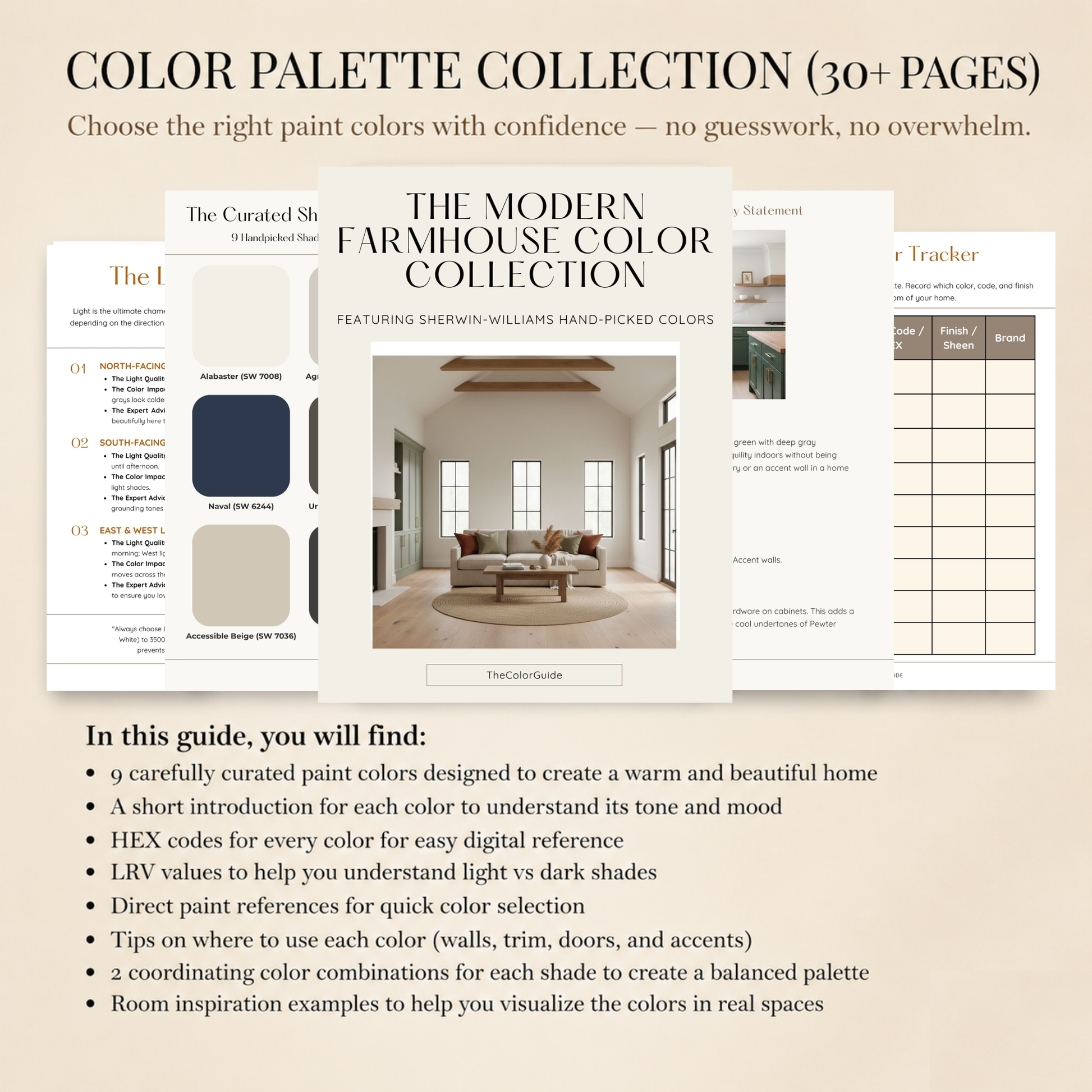 A promotional graphic for a digital color palette collection guide titled 'COLOR PALETTE COLLECTION (30+ PAGES)'. The graphic shows sample pages from a guide called 'The Curated Shp' and 'The Modern Farmhouse Color Collection' with interior room photos and color swatches.