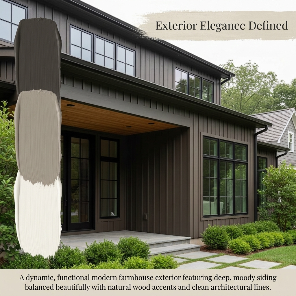 A modern farmhouse-style house exterior with dark brown siding, black window frames, a wood-covered porch ceiling, landscaped greenery, and text overlays reading 'Exterior Elegance Defined' and a color swatch graphic on the left.