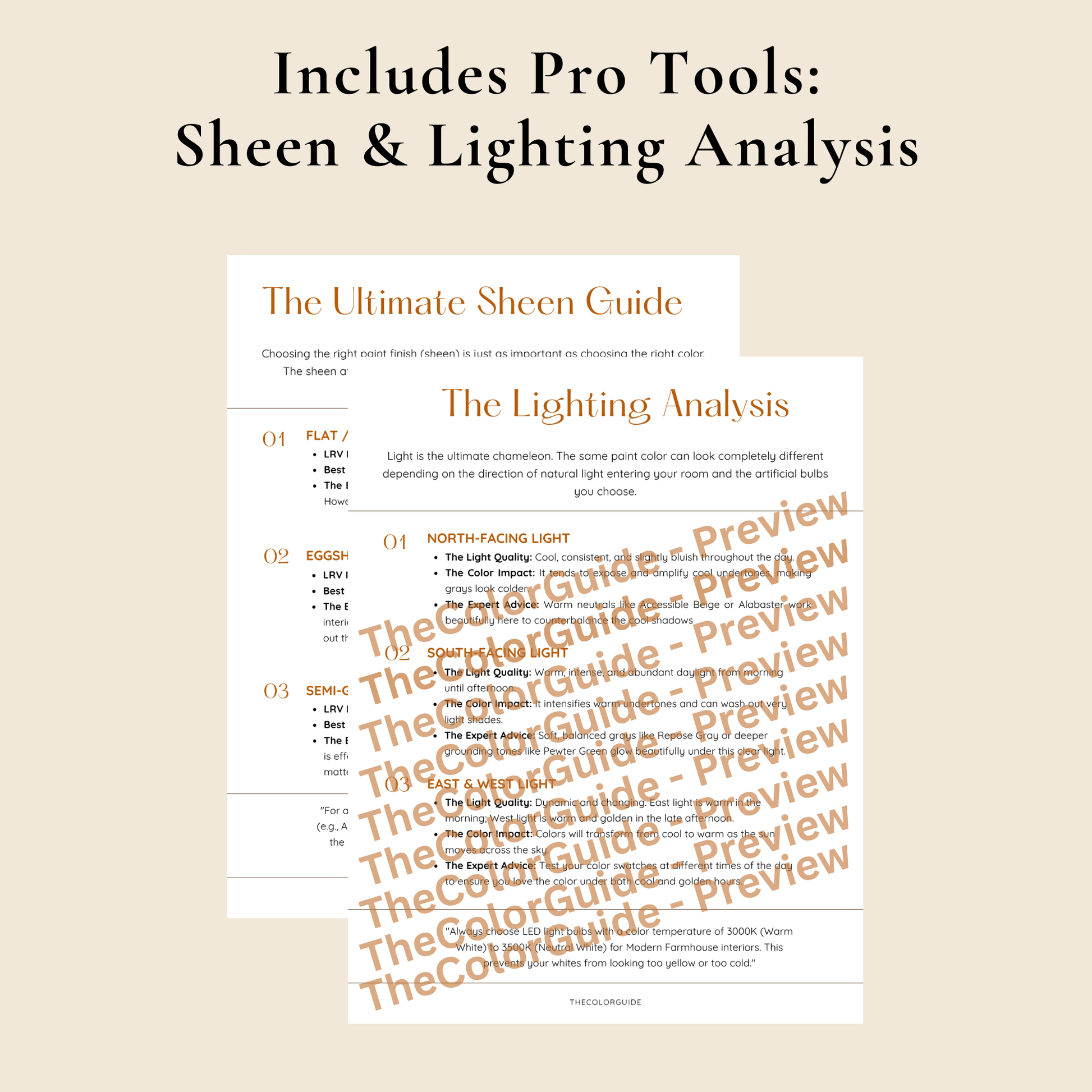 A promotional graphic on a beige background with the headline 'Includes Pro Tools: Sheen & Lighting Analysis' above a preview page titled 'The Ultimate Sheen Guide' and 'The Lighting Analysis.' The preview page contains text sections and is overlaid with repeated diagonal 'TheColorGuide-Preview' watermark text.
