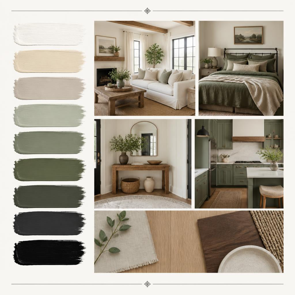 A styled interior color board collage showing multiple painted swatches in soft neutrals and muted greens alongside room scenes featuring a sofa, bed, console table, kitchen cabinets, rug, and wood surfaces. The layout suggests a home decor or interior design color palette rather than a single physical product.